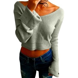 V Neck,Flared Sleeve Sweater